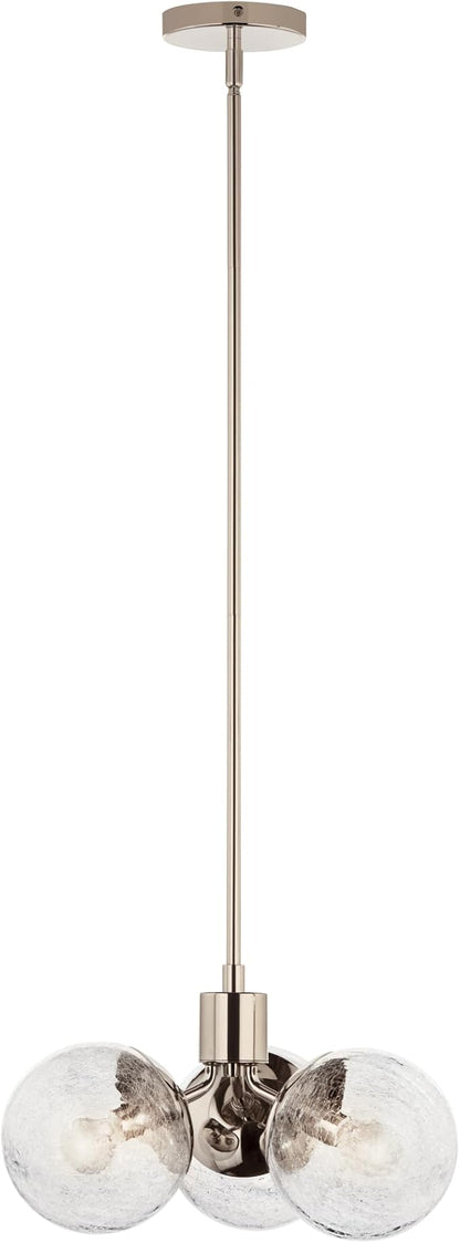 KICHLER Silvarious 3-Light Convertible Pendant, Soft Modern Light with Clear Crackled Glass in Polished Nickel, for Hallway, Dining Nook, Bedroom or Kitchen (9.5" x 16.5"), 52700PN