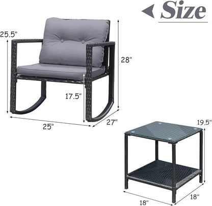 COSTWAY 3 Pieces Patio Rattan Rocking Chair Set, Outdoor Conversation Furniture Sets with Coffee Table, Storage Shelf and Cushions, Modern Bistro Set for Porch, Backyard, Garden, Gray