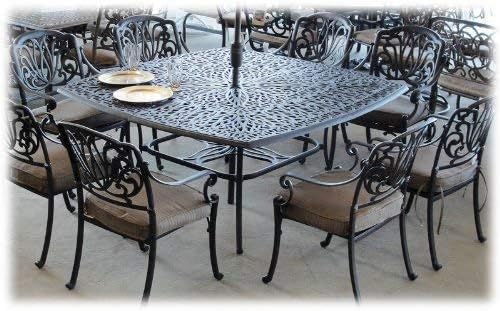 Elizabeth Outdoor Cast Aluminum Patio 9 pcs Dining Set with 64" Square Table and 8 Stationary Chairs Antique Bronze (Olefin Walnut Cushion)