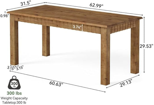 63-Inch Computer Desk, Solid Wood Home Office Desk with Sturdy Wooden Legs, Rustic Large Computer Office Table for Writing, Reading, Study, Brown