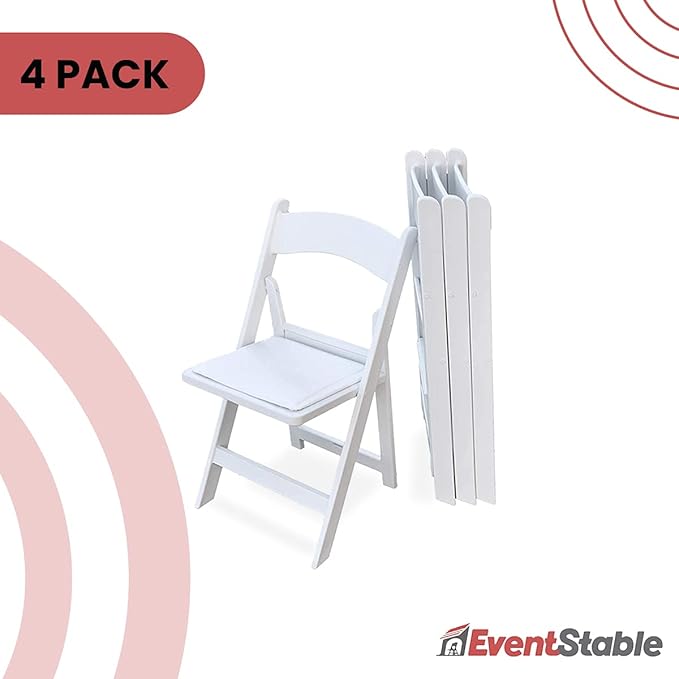 EventStable Titan PRO Resin White Indoor/Outdoor Lightweight Vinyl Padded Folding Chair for Weddings Parties Events - 4 Pack