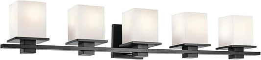 KICHLER Tully 40.25" 5-Light Vanity Light with Satin Etched Cased Opal Glass in Black for Over a Vanity, Soft Modern Style, (40.25" x 6.5" x 7"), 45193BK