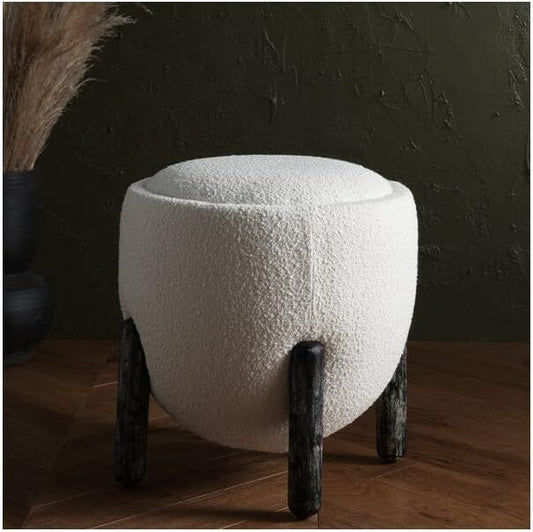 SAFAVIEH Couture Collection Clarabella Ivory Boucle/Black Round Upholstered Footrest Ottoman (Fully Assembled)