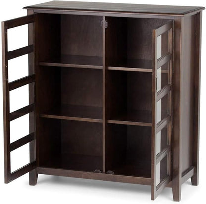 SIMPLIHOME Burlington SOLID WOOD 40 inch Wide Transitional Medium Storage Cabinet in Mahogany Brown, with 2 Tempered Glass Doors that open to 4 Adjustable Shelves