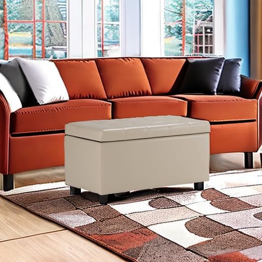 SIMPLIHOME Cosmopolitan Storage Ottoman - 34 inch Wide Upholstered Vegan Leather Rectangle Storage Ottoman Bench in Satin Cream, Transitional Tufted Ottoman for Living Room with Lift-Up Lid