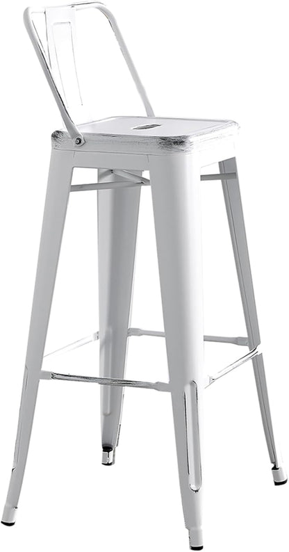 AC Pacific 30” Metal Barstool Set of 2 – Country Rustic Style with Low Back, Lightweight & Sturdy Build, Easy Assembly – Distressed White