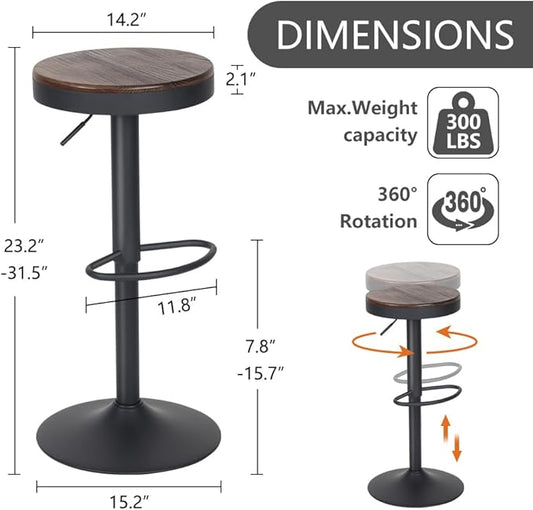 Kidol & Shellder Backless Counter Stools Set of 2 Swivel Adjustable Height BarStools Round Walnut Wooden Seat Modern Armless Bar Chairs for Kitchen Island Dining Room Cafe (Black)