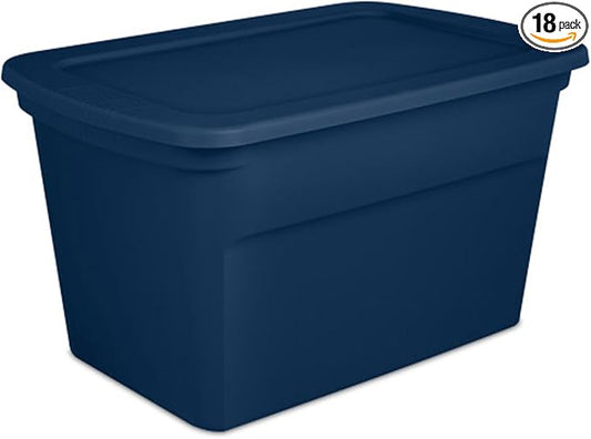 Sterilite 18-Pack Tote, Plastic Storage Bins with Snap Lids, 30 Gallon, Marine Blue - Stackable Home Organizers with In-Molded Handles for Bedroom, Garage, Basement and Attic