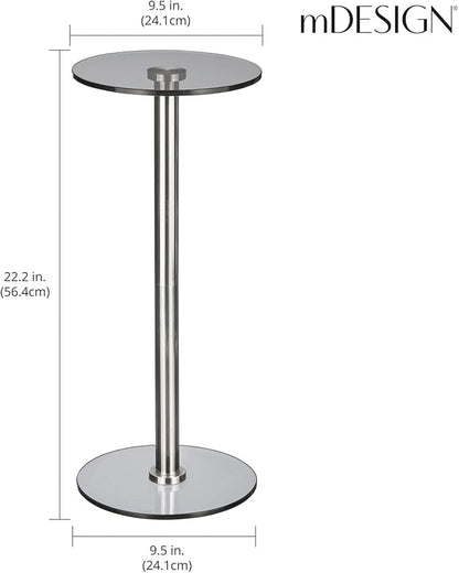 mDesign Glass Top Side/End Drink Table - Tall Modern Round Accent Metal Nightstand Furniture for Living Room, Dorm, Home Office, and Bedroom - 9" Round - Dark Smoke Gray/Chrome