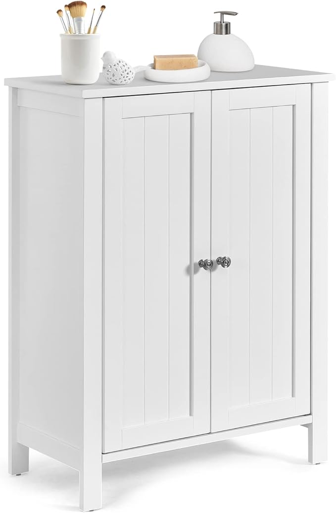 COSTWAY Bathroom Floor Cabinet - Freestanding Side Storage Organizer with Double Doors & Adjustable Shelf, Wooden Storage Cabinet for Living Room, Bedroom, Kitchen, Entryway (White)