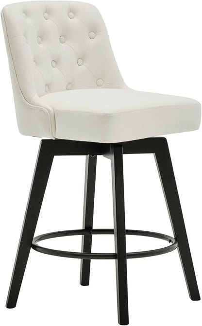 MINCETA Bar Stools Set of 2, PU Leather Barstools, 26 Inch Upholstered Counter Stools with Low Tufted Back and Footrest, Swivel Counter Height Barstools for Kitchen Island Home Bar White