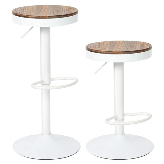 Kidol & Shellder White Bar Stools Set of 6 Adjustable Swivel Backless Barstools Modern Round Counter Height Stools Wooden Seat Armless Bar Chairs for Kitchen Island, Cafe, Dining Room