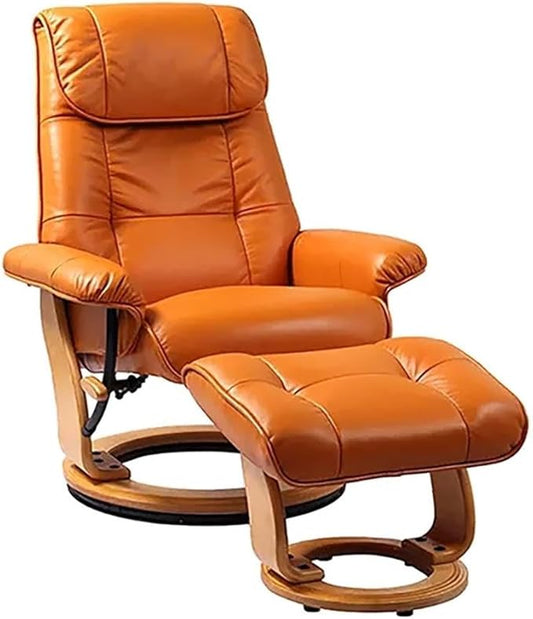 Pemberly Row Stressless Recliner with Ottoman in Orange Leather, Recliner with Ottoman Set for Modern Home Comfort