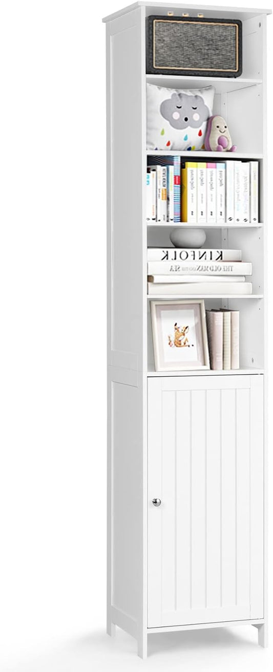 COSTWAY Bathroom Storage Cabinet, Freestanding Floor Cabinet with 3-Level Adjustable Shelves, Convenient Door & Knob, Narrow Tall Cabinet Organizer for Bathroom, Living Room, Kitchen (White)