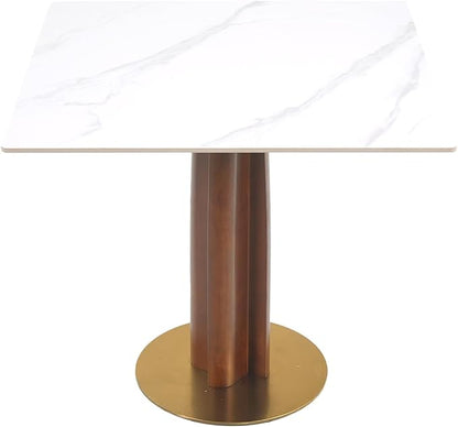 Sintered Stone Square Office Table and Chair Set - Meeting Table for Small Offices (Walnut‌ Leg and White Top, 1 Table and 2 Chairs)
