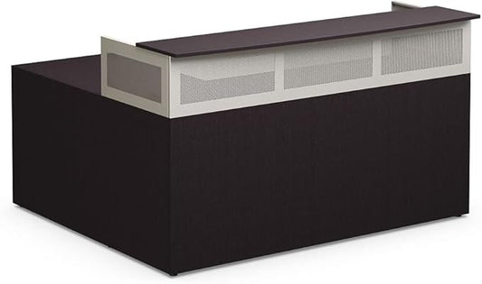NBF Reversible L-Shaped Executive Office Desk - Durable Laminate Computer Desk with Privacy Hutch - Modern Desk with Storage and File Cabinet - Office Work Desk (Brown) - 65.76"D x 74.25"W x 41.85"H