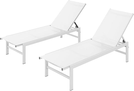 Outdoor Lounge Chairs Set of 2 for Pool, Aluminum Chaise Lounge Chairs with 5-Position Recliner, Patio Lounge Chair for Backyard, Poolside, Deck, Lawn, White