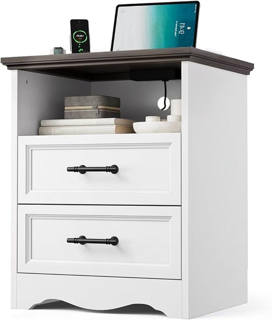 Nightstand with Charging Station, Farmhouse End Table with 2 Drawers Storage and Open Shelf, Wood Cabinet with Unique Base Design, Bedside Table for Bedroom, Living Room, White