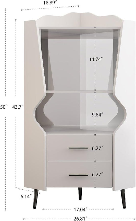 YUNKE Novelty Wooden Cabinet, White Corner Table with 2 Open Shelves and 2 Drawers, Commonly Used in Living Room, Home Office, Study Room and Dinning Room