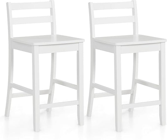 COSTWAY Wooden Bar Stools Set of 2, 24-Inch Counter Height Stools with Ergonomic Backrest & Footrest, Farmhouse High Dining Chairs for Kitchen Island, Pub, Cafe (2, White)