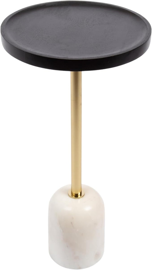 Kate and Laurel Shorrock Round Mango Wood Side Table, 12 x 12 x 24, Black, Gold, and White Marble, Modern Pedestal End Table with Marble Base for Bedroom Nightstand or Living Room Plant Stand