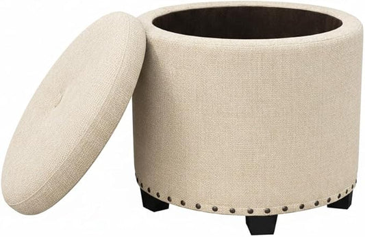 HomePop Home Decor | Upholstered Round Storage Ottoman with Nailheads| Ottoman with Storage for Living Room & Bedroom, Cream Woven