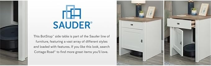 Sauder Homeplus Robot Vacuum Storage Side Table End Table Cabinet for Living Room, Bedroom, in Soft White