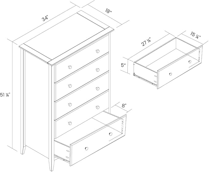 Grain Wood Furniture Greenport 5-Drawer Chest, Solid Wood with Brushed Grey Finish