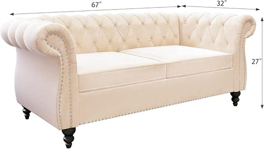 Chesterfield Loveseat Sofa, Modern Velvet Small Sofa Couch 2 Seater with Rolled Arms and Nailhead, Mid Century Modern Loveseat Couch for Small Spaces Living Room Bedroom Apartment, Beige