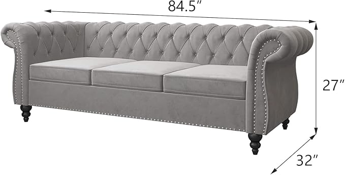 Chesterfield 3 Seater Sofa, Modern Velvet Tufted Couch 3 Seater with Rolled Arms and Nailhead Mid-Century Upholstered Couch for Living Room, Bedroom, Apartment and Office, Grey