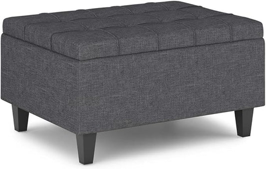 SIMPLIHOME Harrison 34 inch Wide Transitional Rectangle Small Coffee Table Storage Ottoman in Slate Grey Linen Look Fabric, Assembled, for the Living Room and Bedroom