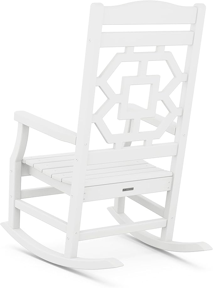 Martha Stewart by POLYWOOD Chinoiserie 3-Piece Outdoor Rocking Chair Set with Patio Side Table, White, HDPE All-Weather Furniture, Classic Porch Rockers for Deck, Garden & Backyard, Made in The USA