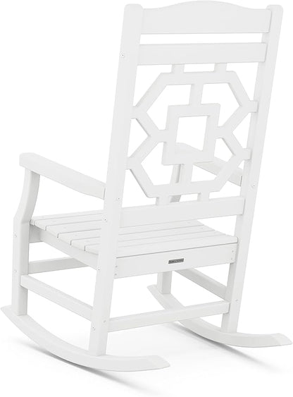 Martha Stewart by POLYWOOD Chinoiserie Outdoor Rocking Chair, White, Durable HDPE All-Weather Patio Furniture with Decorative Lattice, Classic Porch Rocker for Deck, Garden & Backyard, Made in the USA