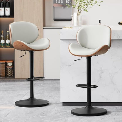 Furniliving Bar Stools Set of 4, Adjustable Height Swivel Bentwood Barstools, Upholstered Bar Chairs with Footrest, Ergonomic Modern Bar Stools for Dining Room, Kitchen, Bar, White, PU