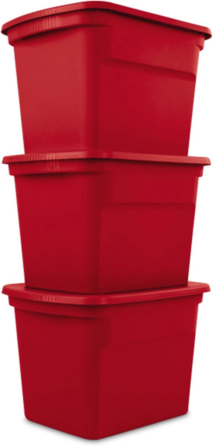 Sterilite 18 Gallon Plastic Stackable Storage Tote Container, Seasonal Home Decor, and Garage Organizer Bin with Lid, Red (8 Pack)