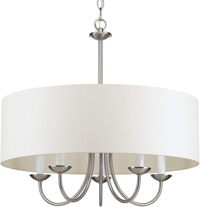 Progress Lighting Drum Shade Collection Five-Light Chandelier, Farmhouse Style Hanging Ceiling Light Fixture for Dining Rooms, Foyers, White Textured Linen Shade, Brushed Nickel