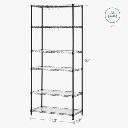 SONGMICS 6-Tier Storage Shelves, Wire Shelving Unit, Kitchen Metal Shelves, Storage Rack with Adjustable Shelves, Shelf Liners, 8 Hooks, for Garage, 11.4 x 23.2 x 63 Inches, Black ULGR066B01