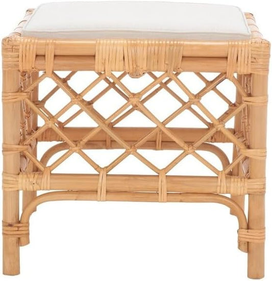 SAFAVIEH Home Collection Larroux Honey/White Rattan Solid Wood Ottoman with Cushion (Fully Assembled)