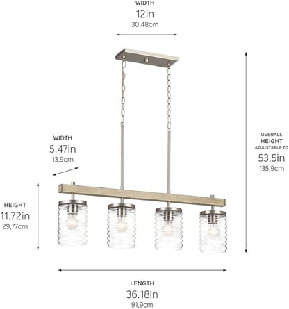 KICHLER Maritime 4-Light Linear Chandelier in a Classic Brushed Nickel Finish with a Clear Horizontal Ribbed Glass Shade, 82399