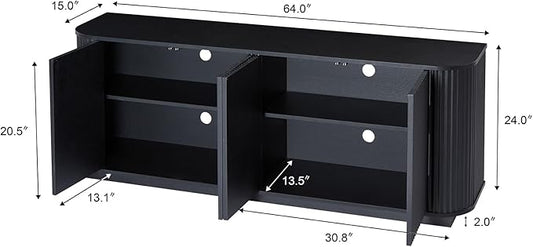 LKTART 64" Sideboard Buffet Cabinet with Storage, Wooden Fluted Storage Cabinet Sideboard Credenza with Adjustable Shelves Pressed Spring for Kitchen Living Room (Black Gray)