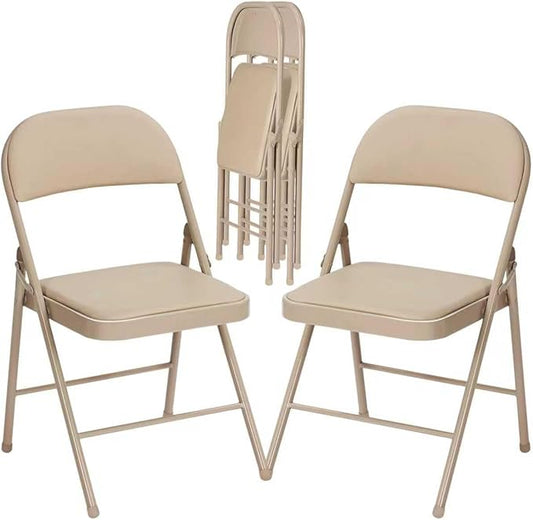 4 Pack Khaki Folding Chairs with Padded Cushion and Back, Portable Duty Metal Frame Commercial Seat, Foldable Indoor Outdoor Chairs for Office Party Events Kitchen Dinning Wedding, 330-LBS Capacity
