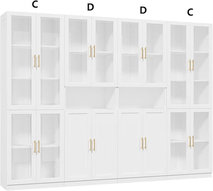 VOWNER Bookcase with Glass Doors & Drawers, 5 Tier Bookshelf with Adjustable Shelf, Modern Large Storage Display Cabinet Set for Home Office, Living Room, White (CDDC)