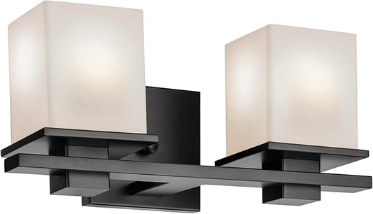 KICHLER Tully 15" 2-Light Vanity Light with Satin Etched Cased Opal Glass in Black for Over a Vanity, Soft Modern Style, (15" x 6.5" x 7"), 45150BK