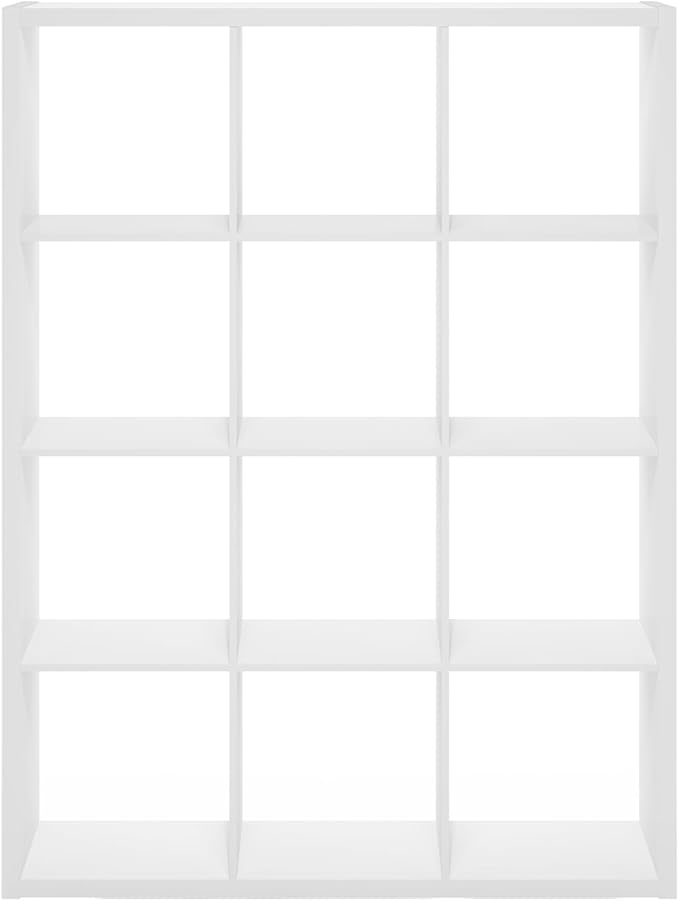 Furinno Cubicle Book Shelf, 12-Cube Thick Frame Bookshelf, Reversible Bookcase with Open Back, 14.6 x 43.8 x 58, for Living Room, Bedroom, Home Office, White