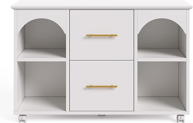 LITTLE TREE 2 Drawer Rolling File Cabinet for Home Office, 39-Inch Lateral Filing Storage Cabinet on Wheels Fits A4/Legal/Letter Size, Printer Stand with Shelves, White