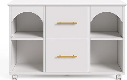 LITTLE TREE 2 Drawer Rolling File Cabinet for Home Office, 39-Inch Lateral Filing Storage Cabinet on Wheels Fits A4/Legal/Letter Size, Printer Stand with Shelves, White