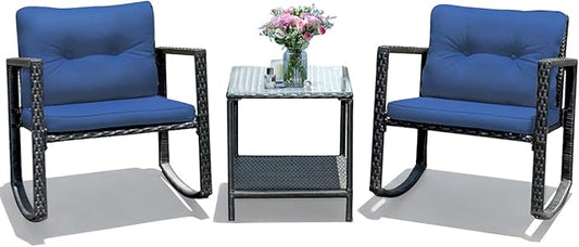 COSTWAY 3 Pieces Patio Rattan Rocking Chair Set, Outdoor Conversation Furniture Sets with Coffee Table, Storage Shelf and Cushions, Modern Bistro Set for Porch, Backyard, Garden, Navy