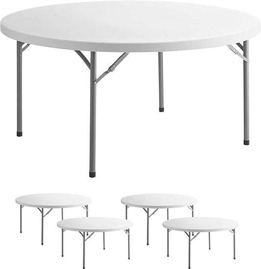 5-Pack 60" Round Granite White Plastic Banquet Table, Heavy Duty White Folding Table for Parties & Weddings, 5-Foot Round
