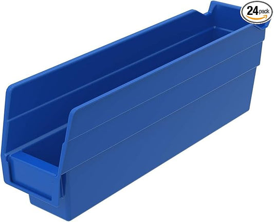 Akro-Mils 30110 Plastic Shelf Bins, Heavy Duty Storage Bins for Garage, Closet, and Drawer Organization, 12-Inch x 3-Inch x 4-Inch, Blue, 24-Pack