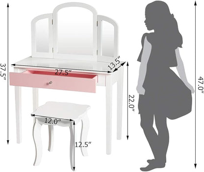 Costzon Kids Vanity, Girls Vanity Set with Tri-Folding Mirror, Stool, Storage Drawer, Princess Toddler Makeup Vanity Desk Dressing Table, Wooden Kids Vanity Table and Chair Set (White)